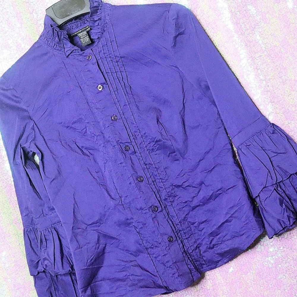 BLUE VIOLET BLOUSE XS Kim Parrish Purple Pleated Ruffled Sleeves Classic Lolita